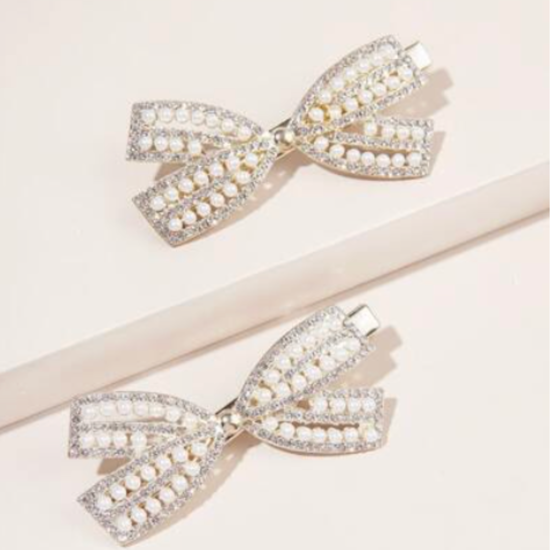 Dainty White Rhinestone Hair Bows